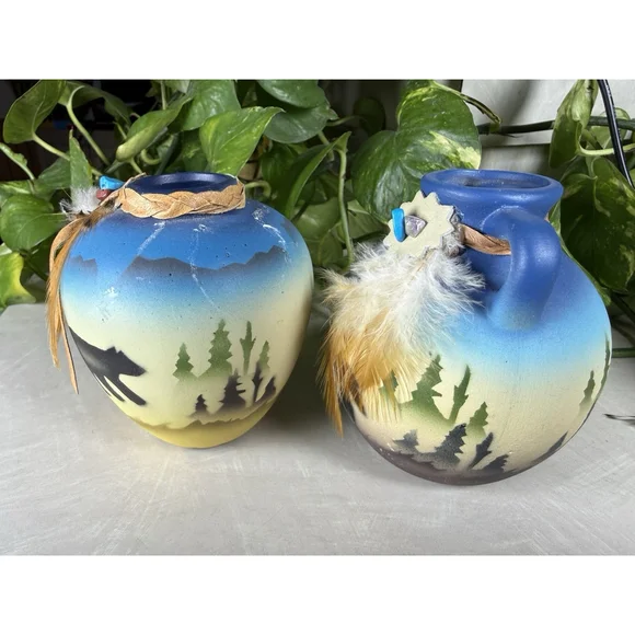 HandPainted Vtg Native American Ceramic Vases Blue Bird Wolf Coyote Bear Feather - Picture 2 of 10